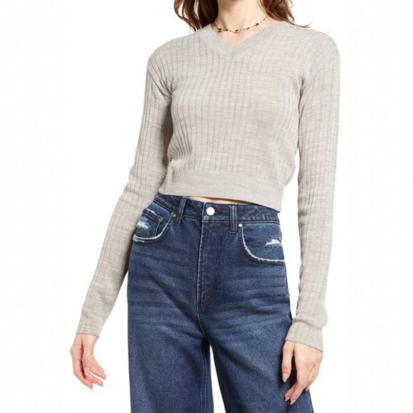 NEW Nordstorm BP Ribbed Crop Sweater Grey Size XXS V-Neck Knit USA Made Minimal - Picture 8 of 8